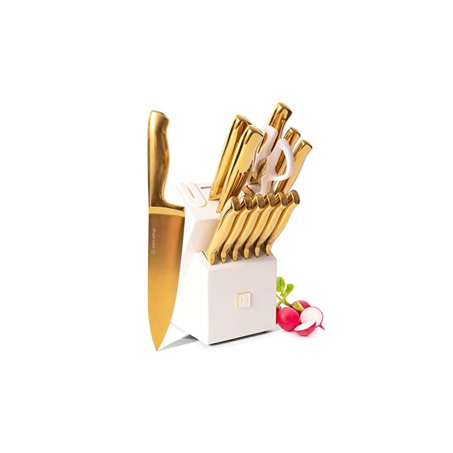 White-and-Gold-Knife-Set-with-Sharpener-14PC-Self-Sharpening-Knife-Block-Set-Includes-Luxurious-Full-Tang-Gold-Knives-and-White-Knife-Block-White-and-Gold-Kitchen-Accessories-Gold-Kitchen-Decor STYLED SETTINGS White and Gold Knife Set with Sharpener