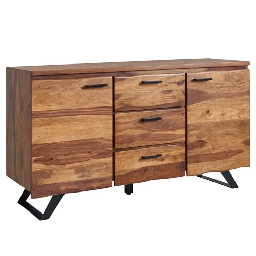 FineBuy Sideboard Sheesham Massivholz 145 cm 2 Türen & 3 Schubladen - Massive Retro Baumkanten Kommode - Design Natur Anrichte - Handmade Industrial