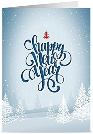 Happy New Year Cards - One Jade Lane - Winter White, 5x7, Heavy Stock, Set of 18 Holiday Cards & Envelopes.