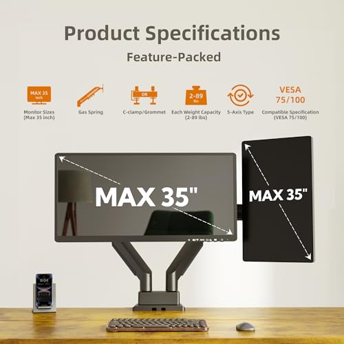 Image of Claiks Dual Monitor Mount for Max 35 inch Screens Stand up to Max 89 lbs, Ergonomic Gas Spring Heavy-Duty Adjustable Monitor Arm, with Clamp and Grommet Base, VESA Mounting Holes 75&100mm, Black