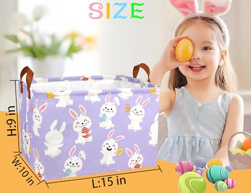 BOOHIT Rectangle Empty Easter Baskets Boy Large Toy Storage Bin Girls collapsible Hamper Waterproof Canvas Box Kid Gifts Spring Decor( Laugh Rabbit Egg )