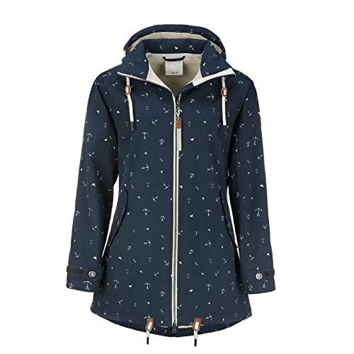 Dry Fashion Damen Softshell-Mantel Plön mit Allover-Print Anker - Softshelljacke Outdoorjacke mit Fleece-Innenfutter in Navy-Melange Größe 40