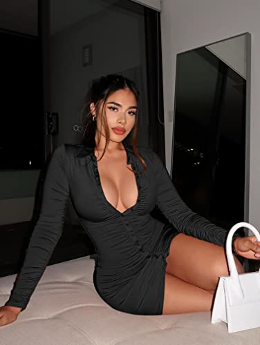 Daawenxi Women's Sexy Long Sleeve Ruched Button Down Front Mini Shirts Dress Black #TOP3