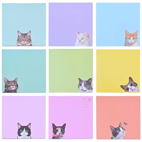 9 Blocs de Notas Adhesivas Divertidas con Diseño de Gato en 7.6 x 7.6 cm, Juego de Papelería Kawaii de Notas Adhesivas, Coloridas y Creativas