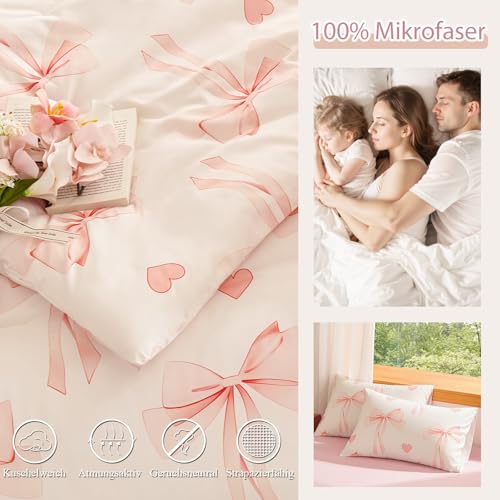 Tospass Mädchen Bettwäsche 135x200 Rosa Beige Herz Schleifen Bettwäsche Set – Ansicht 5