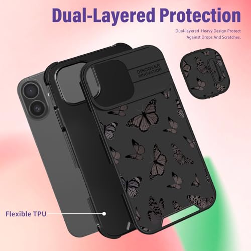 Image of Funermei for iPhone 17 Case - Women Girls Cute Phone Cover Pretty Girly Aesthetic Black Butterfly Unique Design with Slide Camera Cover and Dual Protection Funda for iPhone 17 Case