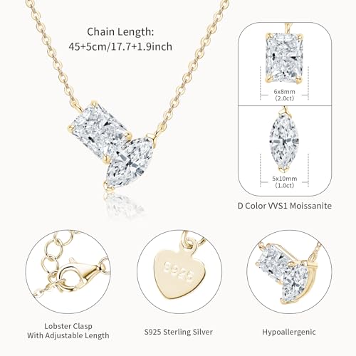 Radiant and Marquise Cut Moissanite Pendant Necklace, 3cttw D Color VVS1 925 Sterling Silver Dainty Pendant for Women Wife Girlfriend Jewelry Gifts (Gold)3