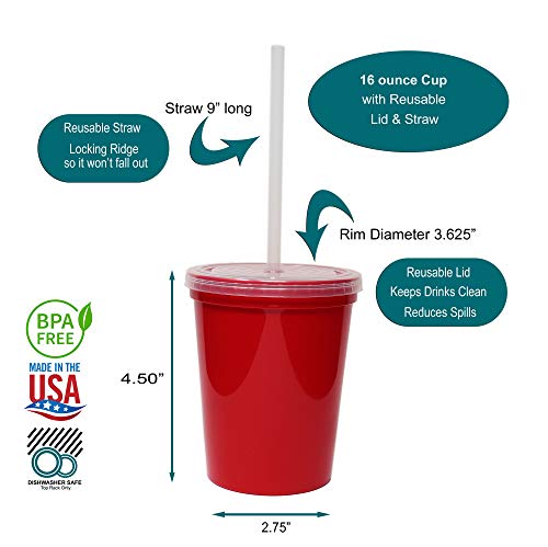 Rolling Sands 16 Oz. Reusable Plastic Stadium Cups With Lids, 6 Pack, Usa Made Tumblers And Lids, Includes 6 Reusable Straws; Dishwasher Safe, Rainbow #TOP1