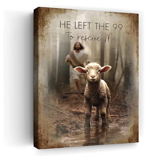Beabalea Christian Jesus And Lamb Wall Art Jesus Running After Lost Lamb Canvas Wall Decor He Left the 99 to Rescue Me Pictures Framed Artwork Print Painting For Living Room Bedroom Church 12""X16""