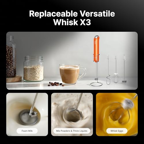 Image of InstaWhisk Milk Frother with Variable Speed, Rechargeable Coffee Frother Wand with Detachable Double Whisk, Handheld Electric Stirrer for Latte, Cappuccino, Matcha, Almond Milk, Protein, Orange