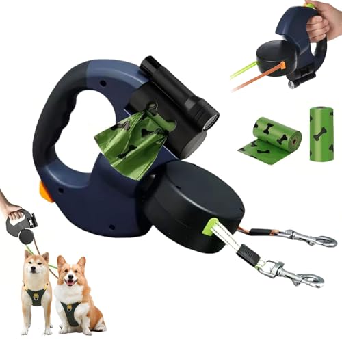 Einziehbare Hundeleine,10Fuß Hundeleine mit LED-Licht, Doppelleine für 2 Hunde, 360° Verhedderungsfreier Leinenverlängerung, mit Kotbeutel, für Hunde bis 50kg, für Training und Spaziergänge (Blau)