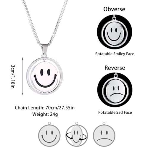 Titanium Steel Spinning Two Sided Smile Face Crying Face Necklace,Sweater Mood Necklace,Men's Women's Fashion, Silver2