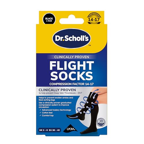 Dr. Scholl's Comfortable Flight Socks - Compression Stocking for Travel - Enhances Blood Circulation - Reduces Swelling on Long Flights - Cotton Feel - Black - Size 3-6, 1 Pair