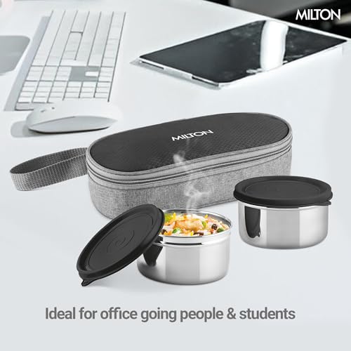 Image of MILTON Plato Pack Small Stainless Steel Lunch Box (2 X 340 ml containers) with Jacket | Leak Proof, Food Grade I Lightweight, Odour Proof | 1 Year Warranty I Ideal for Office, School, Travel, Black