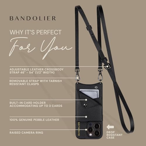 Image of Bandolier Emma Crossbody Phone Case and Wallet for iPhone 15 Pro - Black Leather with Pewter Detail