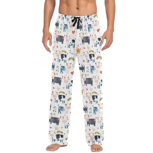 Vdsrup Men's Pajama Pants Cute Cow Watercolor Pajama Pants for Men PJs Bottoms Drawstring Pockets Sleep Lounge Pants S
