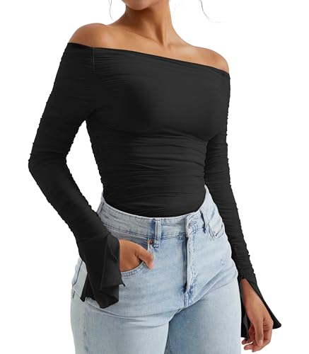 OMKAGI Women Long Sleeve Tops Boat Neck Off Shoulder Shirts Fitted Going Out Y2K Crop Top