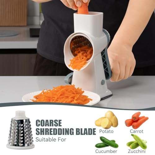 Image of KEOUKE Rotary Cheese Grater Hand Crank White - Shredder Slicer Grinder 3 Stainless Steel Blades, Stable Suction, Labor-Saving Handle, Safe Kitchen Tool for Cheese, Vegetable, Nuts, Chocolate