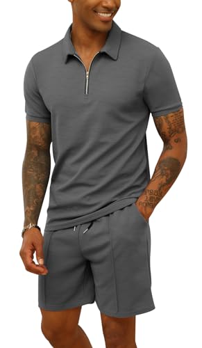 CTU Herren-Trainingsanzug, Poloshirt und Shorts, 2-teilig, Sommer-Outfits, Sportbekleidung, Sweatsuits, grau, M