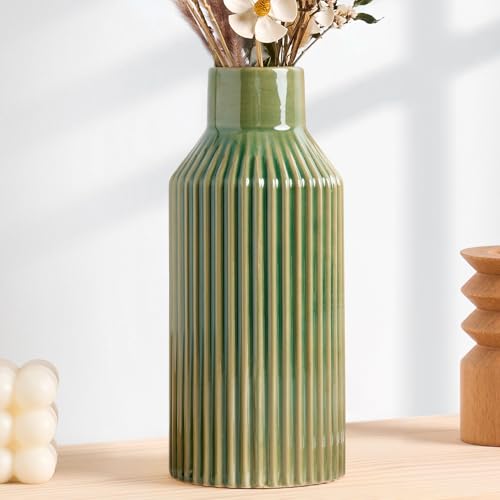 STHIE Green Ceramic Flower Vase, Minimalist Home Decoration, 8 Inch Small Pampas Grass Vases for Kitchen, Bedroom, Office, Living Room, Bathroom, Shelf Centerpiece Table