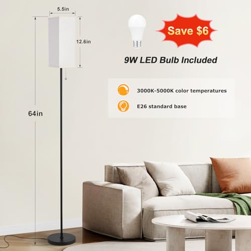 Image of Ambimall Floor Lamp with 3 Color Temperatures Bulb & Pull Chain Switch, 64 inch Standing lamp, Beige Square Shade & Black Pole