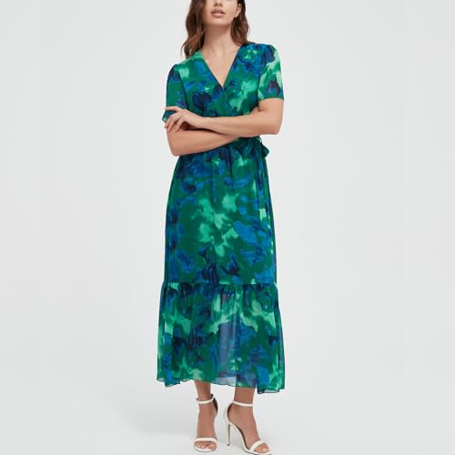Image of Women's Summer Bohemian Floral Chiffon Dress Cap Sleeve V Neck Ruffle Long Flowy Boho Casual Vacation Dresses