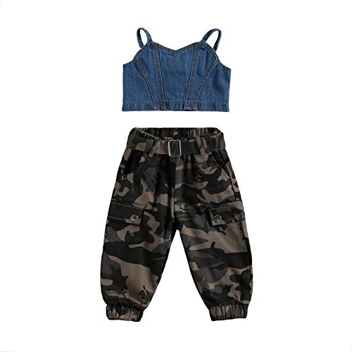 Toddler Baby Girl Pant Set Outfits Short Sleeve Off Shoulder T-Shirt Crop Tops Camouflage Pants Summer Clothes (B-Denim, 1-2 Years)