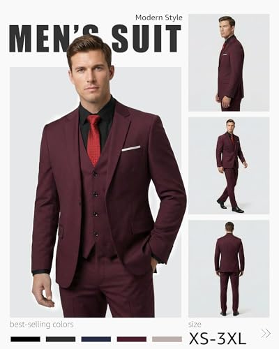 Image of YND Men's Slim Fit 3 Piece Suit Set, One Button Solid Blazer Vest Pants with Tie