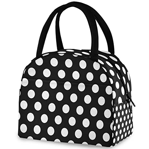 ZzWwR Cute White Polka Dots Pattern Reusable Lunch Tote Bag with Front Pocket Zipper Closure Insulated Thermal Cooler Container Bag for Man Women Work Picnic Travel Beach Fishing