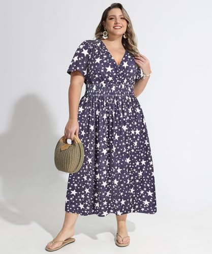 Image of CARCOS Plus Size Dresses for Curvy Women V Neck Summer Maxi Dress Short Sleeve Floral Boho Dress Smocked Waist Beach Dress