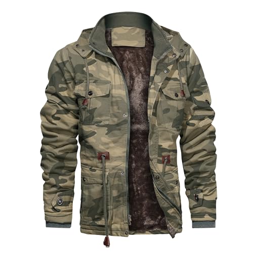 CHEXPEL Men's Thick Winter Jackets with Hood Fleece Lining Cotton Military Jackets Work Coats with Cargo Pockets Camo L