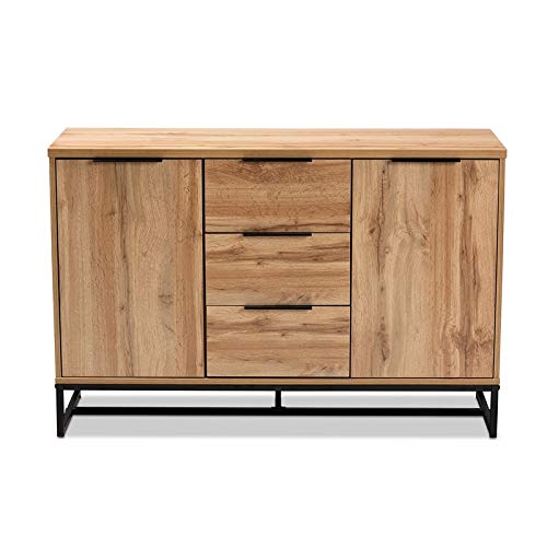 Baxton Studio Reid Oak Finished Wood Black Metal 3-Drawer Sideboard Buffet #TOP4