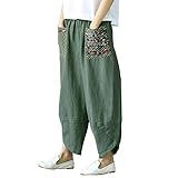 Hwayslon Women's Baggy Linen Wide Leg Trousers Casual Patchwork Elastic Waist Harem Pants Harlan Pants M -XXL (Army Green, L)