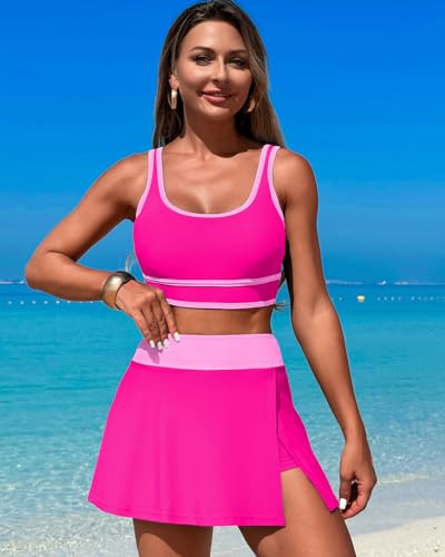Fanuerg Women's High Waisted Bikini Sets Sporty Color Block Tummy Control Swimsuit Swim Skirt Two Piece Bathing Suit2