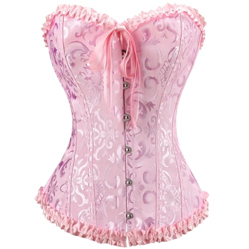 Demays Corset Tops for Women,Bustier Shapewear Lingerie,Lace Tied Renaissance Overbust Corset Push Up Bodysuit(US,Large,Pink)