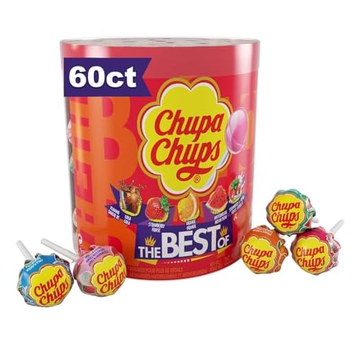 Chupa Chups Candy, Lollipops Drum Display, 60 Count, 5 Assorted Candy Flavors for Kids, Holiday, Parties, Office, Concessions