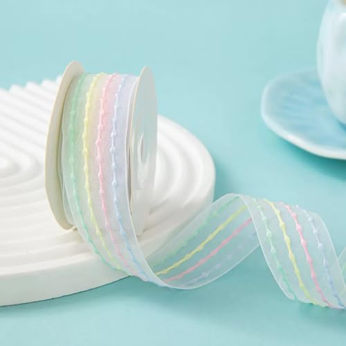 Pastel Rainbow Stripe Sheer Organza Chiffon Stitched Ribbon 1 Inch for Craft Gift Wrapping Wedding Bride Party Birthday Party Decoration Hair Bow 10 Yards(Rainbow Stripe)