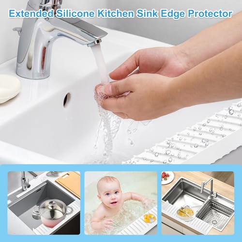 Image of Silicone Sink Edge Protectors 4 inch x 24 inch, Upgrade Kitchen Sink Splash Guards With Suction Cup, Splash Guard For Bathtub Sink, Countertop Protectors For Quartz Kitchen Sink(Transparent White)