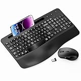 Kabelloses Ergonomisches Tastatur und Maus Set, Moojay 2,4G Wiederaufladbares Quiet Wave Tastatur und Maus Set in Voller Größe mit Handballenauflage und Telefonhalter für Laptop/PC/Mac/Windows–Schwarz