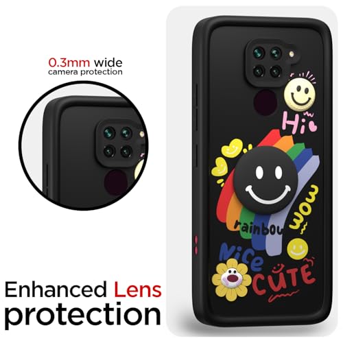 Image of Pikkme Back Cover for Redmi Note 9 | Soft Silicone| Cute Rainbow Smile & 3D Cartoon Flower Design | Shockproof Raised Camera Protection Bumper Case (Black)