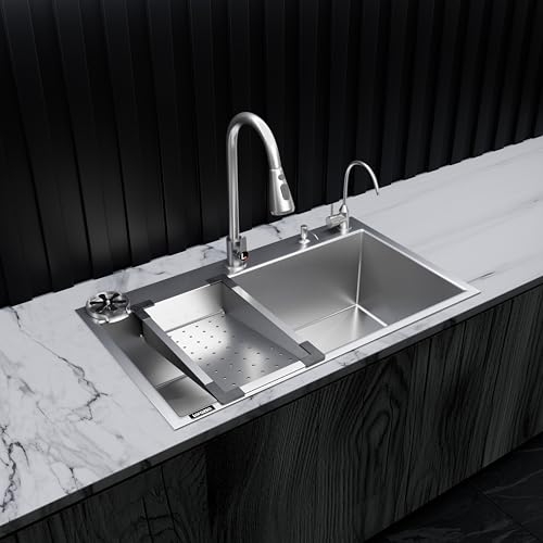 Image of Lorazzo Lustr All-in-One CERTIFIED 304 SS Kitchen Sink with Faucet (30X18 inches) | Sink with Glass Washer, RO Tap, Soap Dispenser, Drainer Basket, Coupling & Pipe | 20-Year Lorazzo Limited Warranty