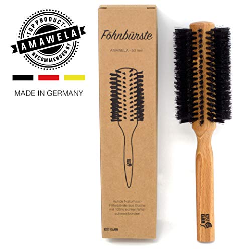 KOST KAMM Rundbürste | Ø 50 mm | Fönbürste gedreht mit Naturborsten | Naturhaarbürste rund für kurze und mittellange Haare | MADE IN GERMANY | Material: Buchenholz & harte Wildschweinborsten