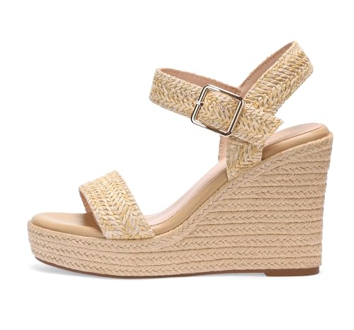 Image of Wedges for Women, Espadrille Platform Sandals, Comfortable Open Toe Wedge Heels with Ankle Strap Buckle, Summer Vacation Casual Shoes