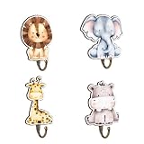 MJSXY Safari Nursery Decor Animal Wall Hooks, 4 Pcs Wooden Jungle Hooks for Kids Room,Animal Towel Hangers for Baby Boy Nursery Bathroom Bedroom Home Decor, 4 x 4 Inches Cute Hook for Wall