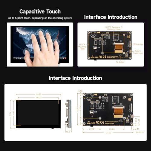Image of KLAYERS LUCKFOX DSI Display for Pi 5 /4B /CM4 /CM3 Support 3D Printing, Capacitive Touch 800x480, Toughened Glass LCD Panel for Raspberry Pi 5