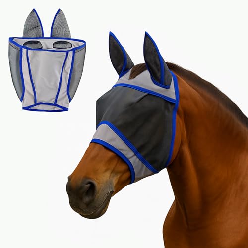 Colenumone Horse Fly Mask with Ears – Breathable Mesh Fly Masks for Horses,Blue Trim, All-Day Protection(Upper 14.6 in/Lower 12.2 in)