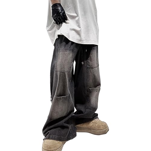 Men's Cargo Relaxed Fit Jeans Loose Hip Hop Denim Pants Baggy Vintage Streetwear Jean Trousers (Black,Medium)