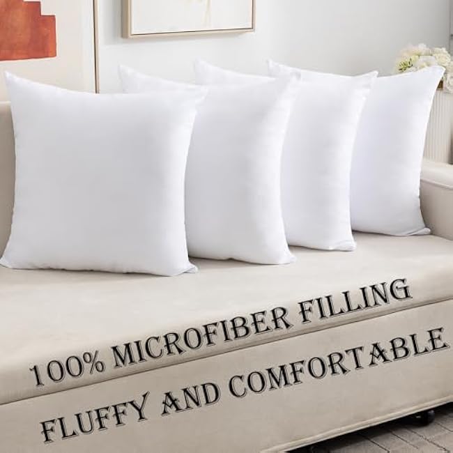 ETASOP Pack of 4 Throw Pillow Inserts, 18 x 18 Square Cushion Inner Soft Fluffy Plump Stuffer Cushion Pads White Decorative Pillow Inserts (20x20 Inch (Pack of 4))