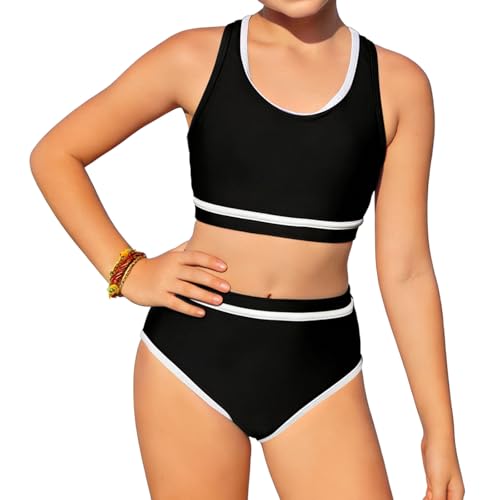 InfiniZer Mädchen Badeanzug Bikini Set Einfarbig Zweiteiliger Badeanzug mit Brustpolstern Bademode Hoch taillierter sportlicher Bikini Badeanzug (DE/NL/SE/PL, Alter, 12 Jahre, Regular, Schwarz)