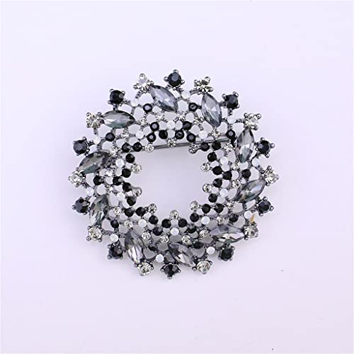 Oderol Wreath Round Brooch Black Gunmetal Plated Brooch Pin Navy Blue/Grey Glass Stone In Laid Brooches #TOP7